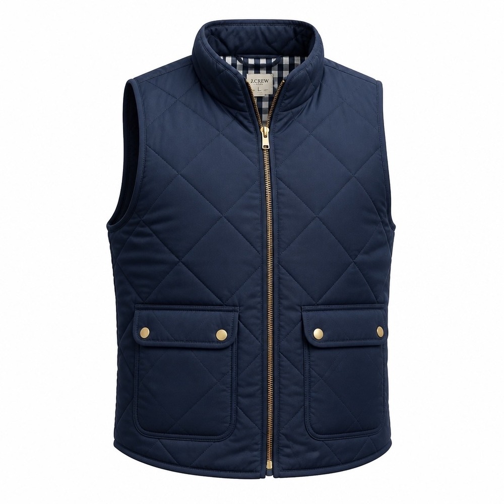 J.Crew Excursion Quilted Vest Navy Blue Gingham Lining Gold Zip Large Womens